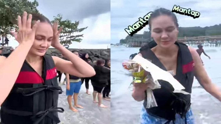 Luna Maya Salfok Sampah di Pantai Pangandaran dan Langsung Bersih-bersih